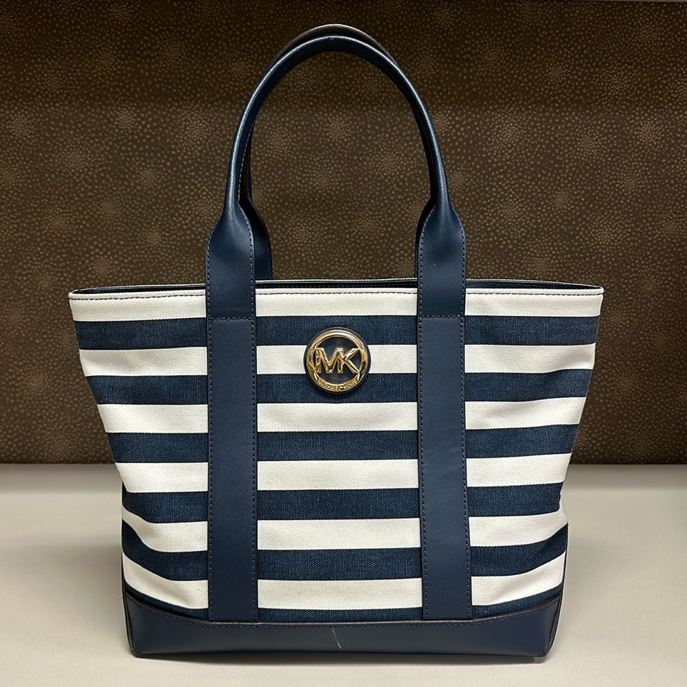 🔥🔥🔥Michael Kors Blue Striped Canvas Leather Trim Tote Shoulder Bag